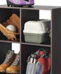 Six Cube Storage Organizer With Three Tier Stackable MDF Wood Bookcase Open Display Shelves For Living Room Bedroom And Home Office Perfect For Books Toys And All Your Stuff Espresso Finish with assorted sports gear visible
