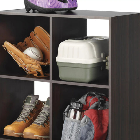 Six Cube Storage Organizer With Three Tier Stackable MDF Wood Bookcase Open Display Shelves For Living Room Bedroom And Home Office Perfect For Books Toys And All Your Stuff Espresso Finish with assorted sports gear visible