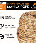 Heavy Duty 1/4 Inch 600 Ft Three Strand Manila Rope For Nautical Decor, Crafts, Porch Columns, Outdoor Pole Wrap, And Tree Swings, Natural Fiber Twisted Braided Cordage, Oil Treated And Built To Last product image showing spool and features