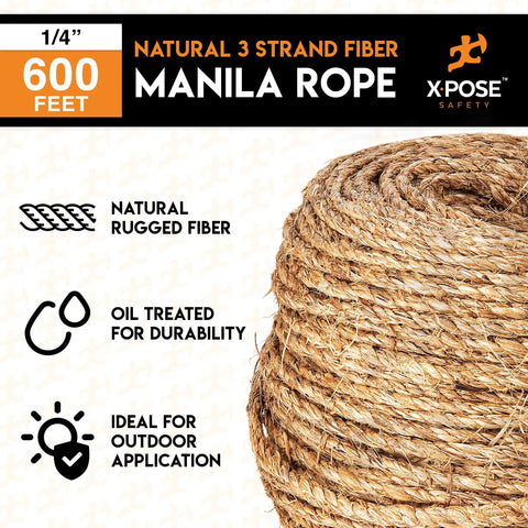 Heavy Duty 1/4 Inch 600 Ft Three Strand Manila Rope For Nautical Decor, Crafts, Porch Columns, Outdoor Pole Wrap, And Tree Swings, Natural Fiber Twisted Braided Cordage, Oil Treated And Built To Last product image showing spool and features