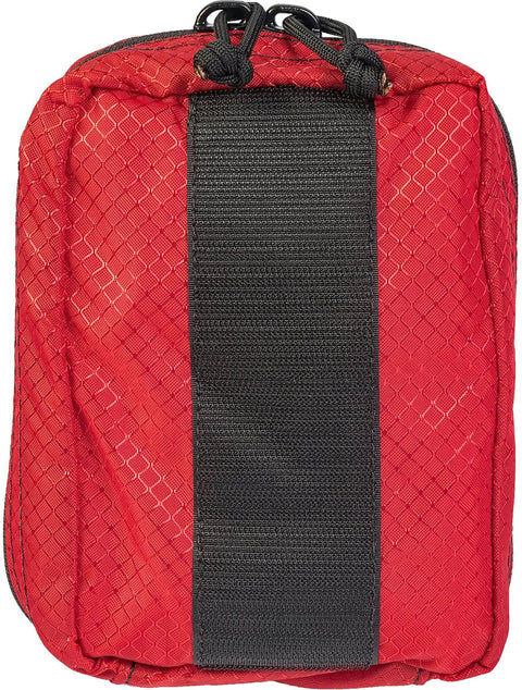 Front view of red North American Rescue compact blood-control kit bag with black center strap.