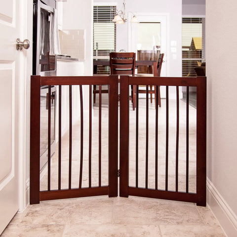 Extension Kit For 360 Configurable Walk Through Folding Pet Gate In Walnut Finish, 30 Inch Wide blocking kitchen entrance