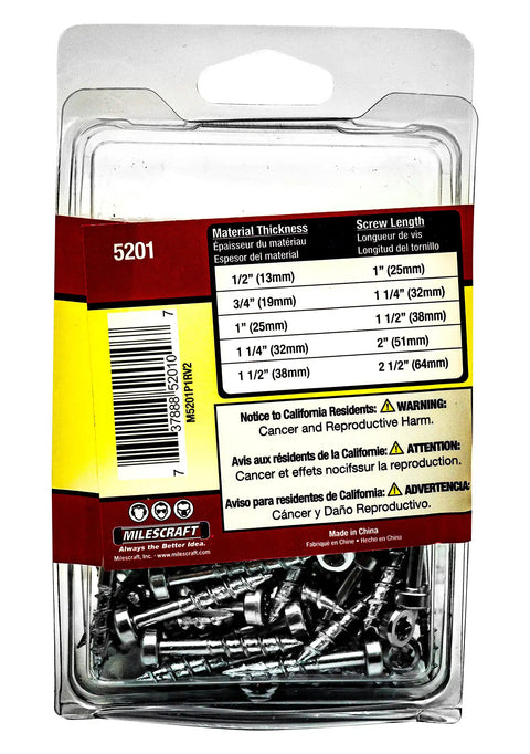 Wood Pocket Hole Screws 1-Inch Pan Head Torx Self-Tapping Coarse Thread Zinc Coated 100-Pack packaging with screws visible