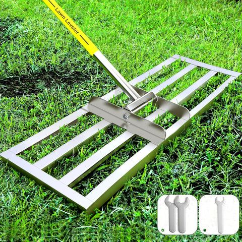 Lawn Leveling Rake With Adjustable Stainless Steel Handle, 6.5 Ft Extendable Pole, 30 X 10 Inch Leveling Head For Soil, Yard And Garden, Golf Course Leveling Tool, Easy Assembly, Detachable Pole For Quick Storage.