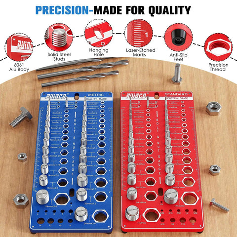 82 Nut And Bolt Thread Checker Kit with Standard and Metric Gauges on wooden surface, shows 31 metric and 31 imperial sizes
