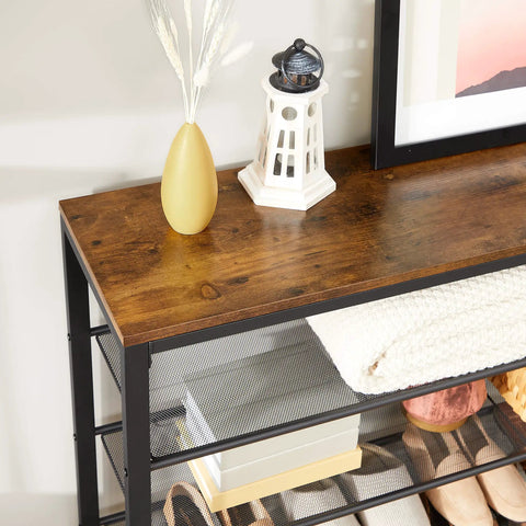 Ditch The Closet Mess With This Giant Shoe Rack Featuring Adjustable Metal Mesh Shelves For Entryway Or Mudroom Park Dozens Of Daily Kicks Rustic Brown Storage Unit with decor elements on top.