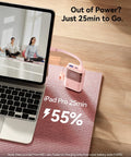 Ultra Mini 10000mAh USB C Power Bank With 45W Fast Charge connected to iPad on table, showing 55% charge in 25 minutes