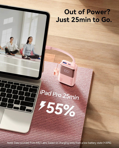 Ultra Mini 10000mAh USB C Power Bank With 45W Fast Charge connected to iPad on table, showing 55% charge in 25 minutes
