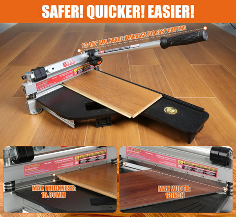 13 Inch Vinyl Floor Cutter With Wheels For Easy Angle And Length Cutting shown with flooring piece, pro-grade tool
