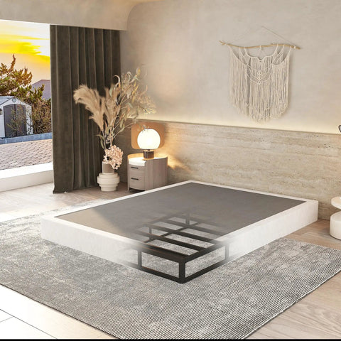 Heavy Duty Steel Box Spring For Queen Bed Base With Durable Cover And Quick No Sweat Setup Providing Rock Solid Mattress Support To Keep Your Bed Looking Sharp For Years, placed on a modern bedroom floor.