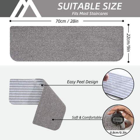 Non Slip Stair Treads 15 Pack Carpet Mats For Indoor Stair Runners 28 By 9 Inches Grey 100 Percent Polyester With TPE Backing Protect Floors And Keep Kids And Pets Safe. Image showing dimensions and design features.