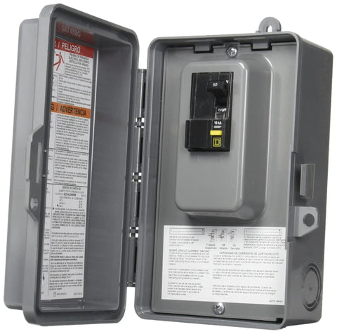 Enclosed Circuit Breaker Box 120/240V 50 Amp GFCI, 5 Slot Enclosure For Safe Power Distribution, showing open gray box