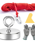 Neosmuk magnet fishing kit: red rope, silver lifting magnet, carabiner, yellow tag, and a pair of gloves.