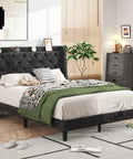 Heavy Duty Queen Bed Frame With Velvet Wingback Tufted Headboard And Built In Storage Shelf Noise Free Wood Slat Platform Base For Zero Box Spring Hassle No Fuss Setup And Sleek Black Bedroom Staple in modern bedroom setting.