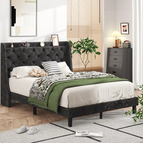 Heavy Duty Queen Bed Frame With Velvet Wingback Tufted Headboard And Built In Storage Shelf Noise Free Wood Slat Platform Base For Zero Box Spring Hassle No Fuss Setup And Sleek Black Bedroom Staple in modern bedroom setting.