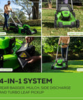 Collage showcasing 80V 21 Inch Self Propelled Cordless Lawn Mower with 4-in-1 system: bagging, turbo leaf pickup, side discharge, mulching.