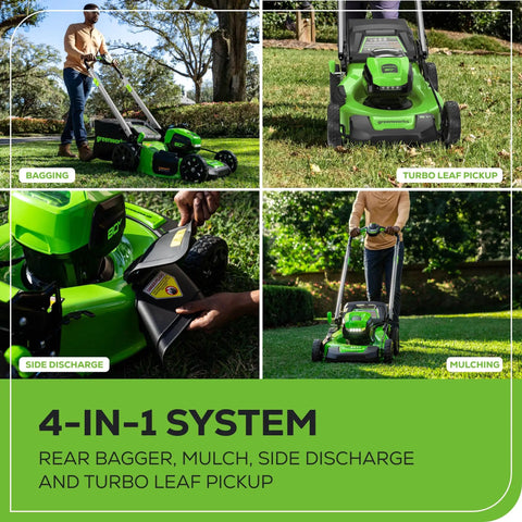 Collage showcasing 80V 21 Inch Self Propelled Cordless Lawn Mower with 4-in-1 system: bagging, turbo leaf pickup, side discharge, mulching.