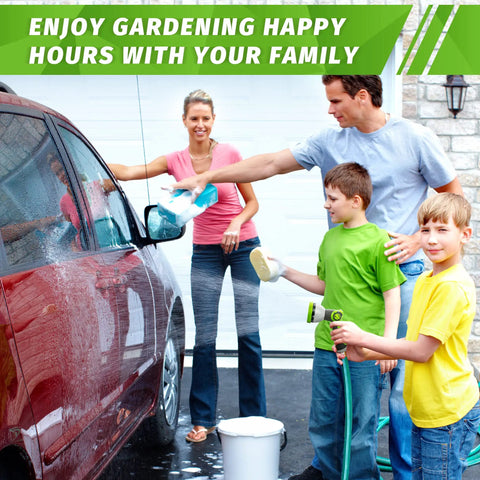 Family washing car with 2 Pack Garden Hose Nozzle Set With Thumb Control Sprayer And Adjustable High Pressure Nozzle