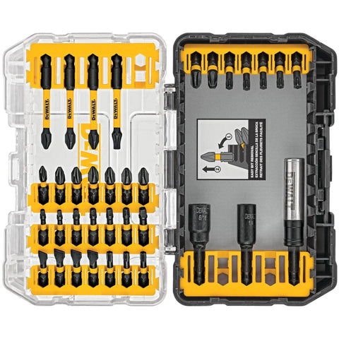 Open Impact Driver Bit Set 35-Piece With Connectable Storage System, showing black and yellow bits in organizer with clear lid