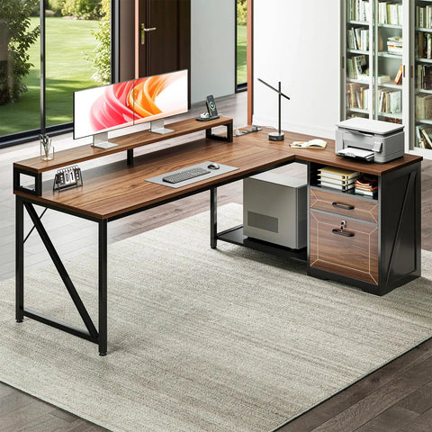 L Shaped Desk With Wood Drawers And Locking File Cabinet, 61 Inch Corner Office Desk With Power Outlet, LED Monitor Stand And CPU Stand, Under Desk Shelf Storage, Walnut Finish For A Boss Level Home Office Setup with printer and books on desk