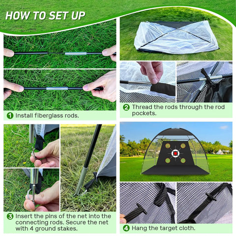 Setup steps of 10x7 Foot Golf Net With Practice Mat Hitting Aid For Backyard Driving Chipping And Swing Training Bullseye Target