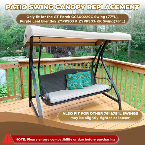 Premium Swing Canopy Replacement For GT Porch Swing And Purple Leaf Brentley Awnings, 77 Inch x 46.5 Inch, installed on swing.