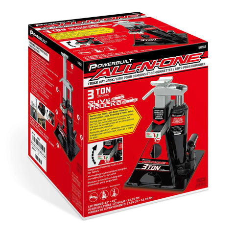 Powerbuilt 3-Ton All-in-One hydraulic bottle jack with jack stand; red packaging box