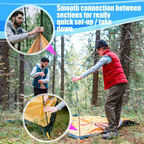 Fiberglass Tent Pole Replacement Kit 12 Ft Pre Assembled Black Outdoor Tent Pole in use during tent setup in woods