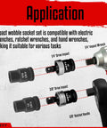 Close-up of 3 Piece Impact Universal Joint Set with 1/4, 3/8, 1/2 Inch drive sockets attached to wrench and handle for auto use