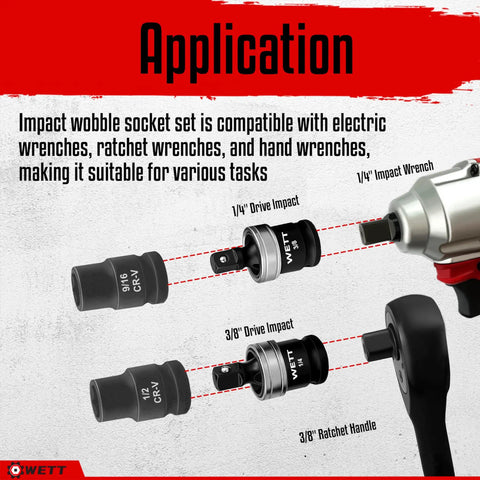 Close-up of 3 Piece Impact Universal Joint Set with 1/4, 3/8, 1/2 Inch drive sockets attached to wrench and handle for auto use