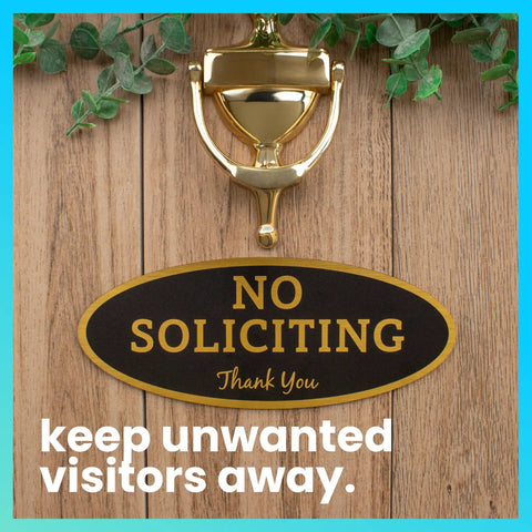 No Soliciting Sign For Home Or Business, Durable Indoor Outdoor Front Door Sign With Easy Mount Adhesive, UV And Weather Resistant Black Sign With Gold Letters, Small 2 By 5 Inches on wood door with knocker.