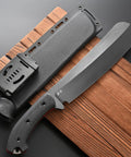 Rugged Fixed Blade Knife With DC53 DLC Coated Nine Point Eight Four Inch Blade Carbon Fiber Handle Full Tang Build Includes Sheath