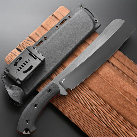 Rugged Fixed Blade Knife With DC53 DLC Coated Nine Point Eight Four Inch Blade Carbon Fiber Handle Full Tang Build Includes Sheath