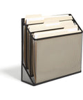 Wire Mesh File Organizer Three Compartment Matte Black Vertical Desk Sorter with folders for home office use