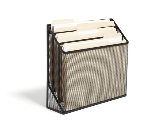 Wire Mesh File Organizer Three Compartment Matte Black Vertical Desk Sorter with folders for home office use
