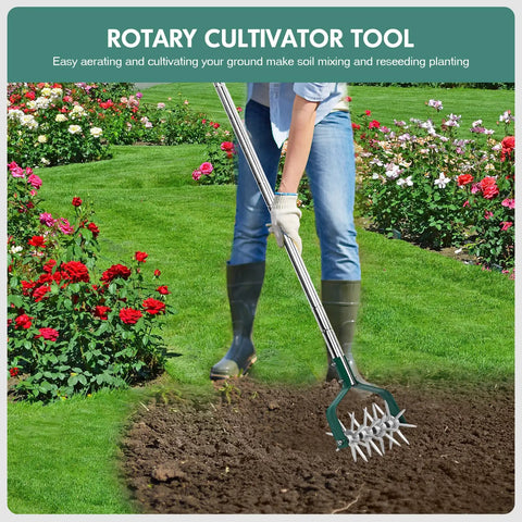 Person using Compact Rotary Cultivator With Adjustable Stainless Steel Handle For Small Gardens Eight Tine Aluminum Head
