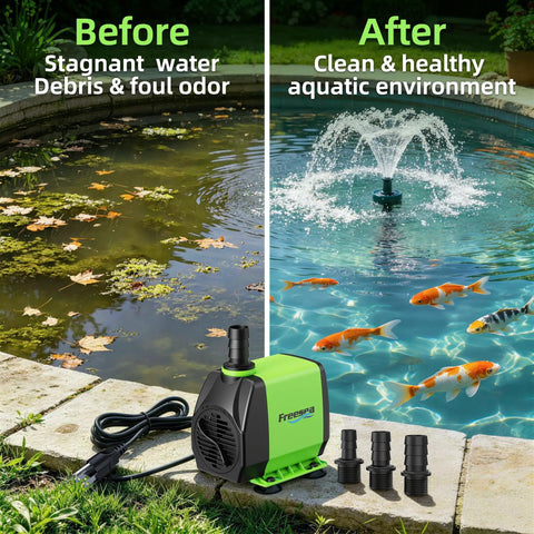 Submersible Fountain Pump 800GPH 45W Ultra Quiet Aquarium System with three nozzles before and after pond cleaning setup