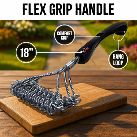 Bristle Free Grill Brush For All Grills Rust Resistant Stainless Steel BBQ Cleaner with 18-inch flex grip handle on board