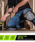 Gel Stabilizer Knee Pads with Dual Layer Padding and Non Skid Grip worn by person working in construction area.