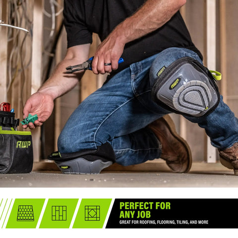 Gel Stabilizer Knee Pads with Dual Layer Padding and Non Skid Grip worn by person working in construction area.