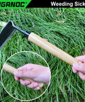Wide Blade Garden Hoe With 9.6 Inch Wood Handle And 4.9 Inch Japanese High Carbon Steel Blade used for weeding in grass.