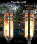 Metal Solar Torch Lights With Adjustable Height From 24 To 50 Inches For Outdoor Yard Patio And Garden Pathway Waterproof Tiki Torches In Matte Black Two Pack Featuring Patented LED Flame Effect And Realistic Flicker, shown hanging and in-ground