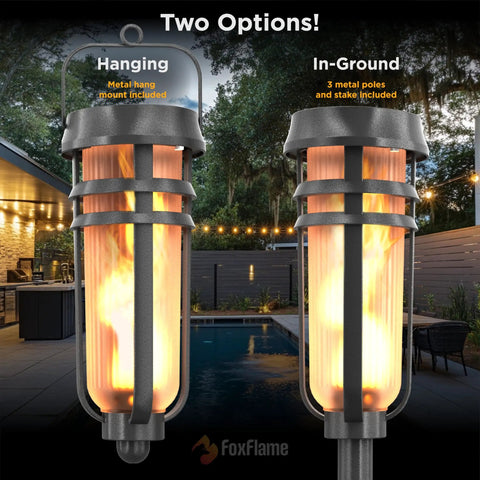 Metal Solar Torch Lights With Adjustable Height From 24 To 50 Inches For Outdoor Yard Patio And Garden Pathway Waterproof Tiki Torches In Matte Black Two Pack Featuring Patented LED Flame Effect And Realistic Flicker, shown hanging and in-ground