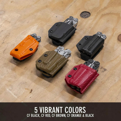 Five Clip And Carry Kydex Multitool Sheath For Wave And Wave Plus Handheld EDC Holster Cover in various colors on wood surface