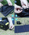 Portable 30W Foldable Solar Panel Charger with twenty three percent efficient cells QC 3.0 USB and DC outputs shown folded and in use