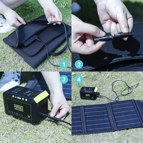 Portable 30W Foldable Solar Panel Charger with twenty three percent efficient cells QC 3.0 USB and DC outputs shown folded and in use