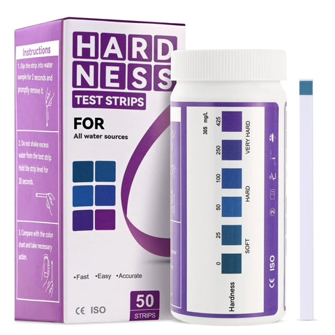 Hard Water Test Kit 0 To 425 PPM Strips For Home Use Drinking Water Well Spa Pool And Water Softener packaging and strip
