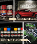 Dupli-Color auto paint cans, red car, and engine with custom paints for exterior refinishing and engine customization.