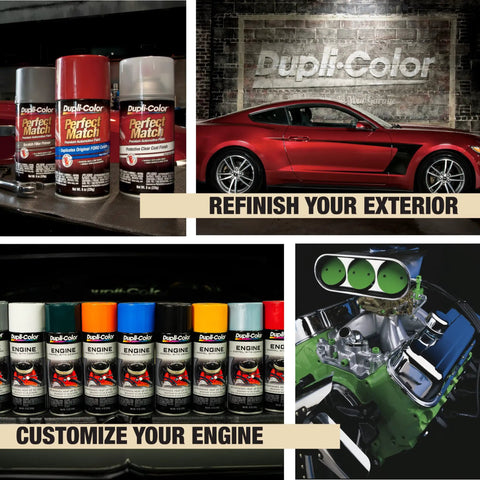 Dupli-Color auto paint cans, red car, and engine with custom paints for exterior refinishing and engine customization.