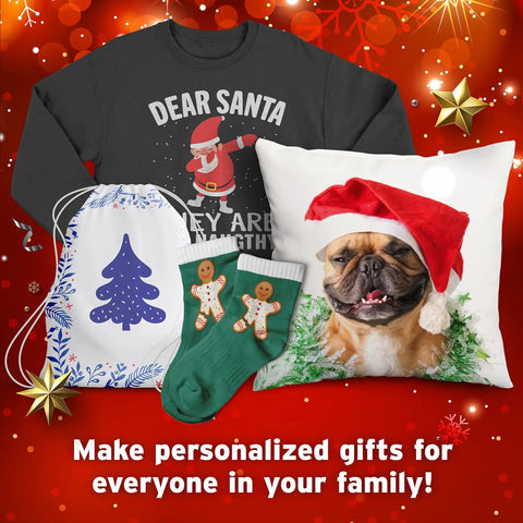 Dark Fabric Iron On Heat Transfer Paper For Inkjet Printers 20 Sheets 8.3 By 11.7 Inches Wash Durable Long Lasting No Cracking T Shirt Transfer Paper For Dark Cotton And Nylon Garments used on Christmas themed t-shirt, pillow, socks, and drawstring bag.